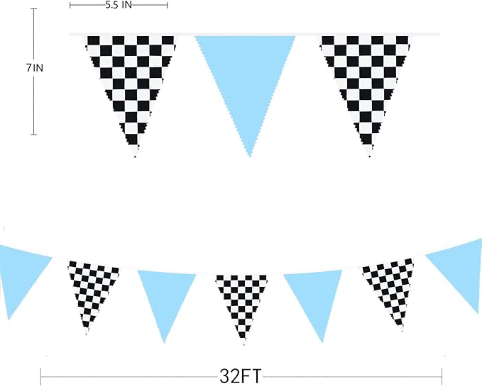 32Ft Racing Party Decorations Blue Black White Checkered Racing Car Fabric Banner Triangle Flag Pennant Garland Streamers for Boys Car Birthday Party Supplies Baby Shower NASCAR Picnic Outdoor Decor