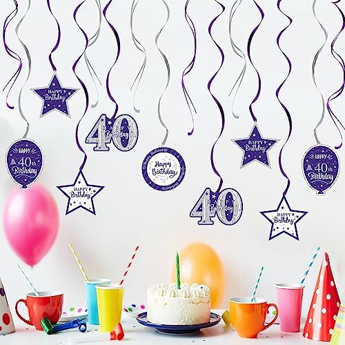 Happy 40th Birthday Purple & Silver Glitter Swirls Streamers Party Decorations - 15 Pcs 40th Birthday Hanging Swirls Streamers Kit,Perfect for 40th Bday Party Sign.