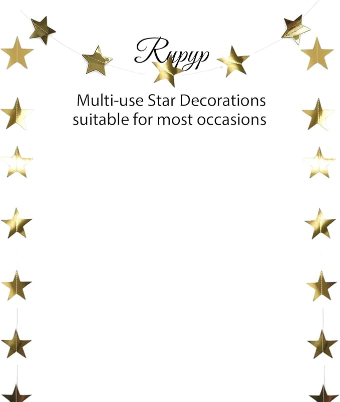 105Feet Gold Star Garland Party Banner for Graduation Decorations 2026 Class Grad Birthday Hanging- Golden Double Side Twinkle Paper Stars Streamers Backdrop for Wall Ceiling Decor, 8Pack