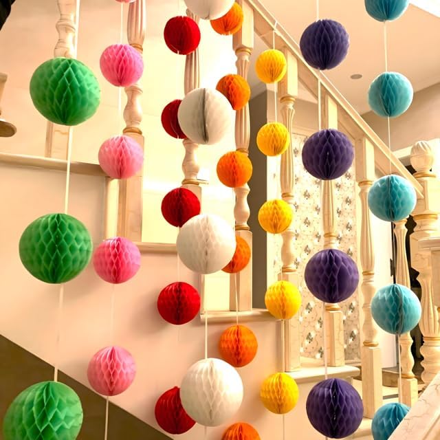 16 Pack Honeycomb Decorations Tissue Paper Honeycomb Decorations Garland, Poms Birthday Baby Shower Wedding Decorations Large Mix Paper Ball Decorations Balloons Classroom Office Store Shop (Happy)