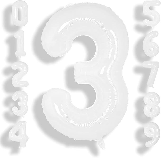 SUWEN 40 Inch White Large 3 Balloon Number Big Foil Helium Number Balloons 0-9 Giant Jumbo Happy 3rd Birthday Party Decorations for Boy or Girl Huge Mylar Anniversary Party Supplies