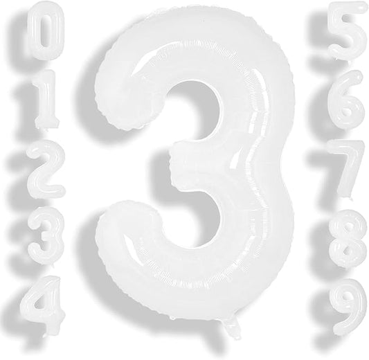SUWEN 40 Inch White Large 3 Balloon Number Big Foil Helium Number Balloons 0-9 Giant Jumbo Happy 3rd Birthday Party Decorations for Boy or Girl Huge Mylar Anniversary Party Supplies