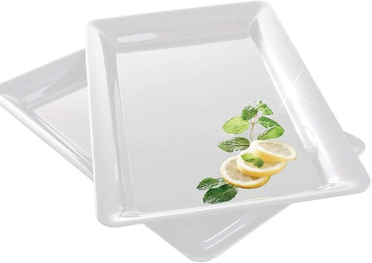 4 Rectangle White Plastic Heavy Duty Serving Trays 12" x 18" Decorative Wedding & Party Platters