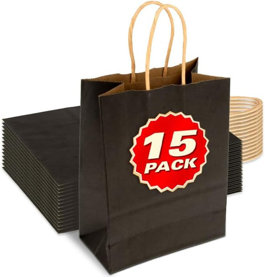 MAQIHAN Small Kraft Bags with Handles - 15 Pcs Kraft Gift Paper Bags Black Bag Gift Bag Craft Bag with Candy Birthday Party Favor Christmas Valentines Shopping Small Business