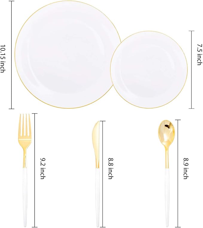 Supernal Elegant White and Gold Plastic Dinnerware Set ??Premium Heavy-Duty Disposable Plates & Gold Plastic Silverware for Weddings, Outdoor Parties & Birthdays (Serves 30)
