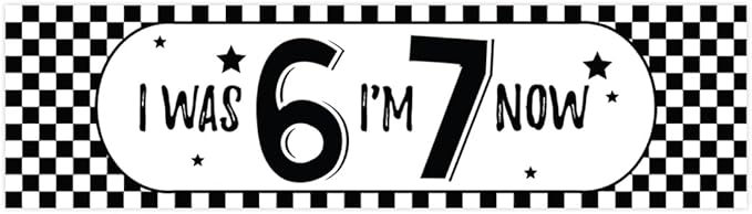 Andaz Press 13x48 Inch 6 7 Birthday Banner Decorations, I Was 6 Now I'm 7 Birthday Banner Black Checkered 67 Happy Birthday Party Banner for Boys or Girls, Home or Party Decor Backdrop Sign