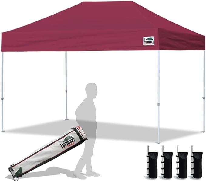Eurmax USA 8x12ft Pop Up Canopy, Commercial Instant Tent for Outdoor Events, Patented No-Tip Rolling Storage Bag with 4 Sandbags, UV & Water Resistant, Heavy Duty Portable Shelter Gazebo,Burgundy