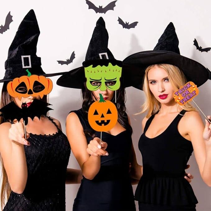 Halloween Photo Booth Props Kit, 34 Pieces DIY Vintage Scary Party Supplies with Vampire Skull Witch Photography Decoration Kit for Adults Dress Up Accessories Costumes Props