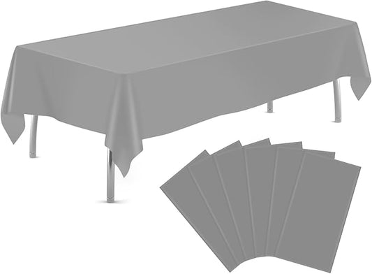 tujol Silver 6 Pack Plastic Table Cloth 54" x 108", Disposable Tablecloths Rectangle Table Cover, Plastic Tablecloths for Parties