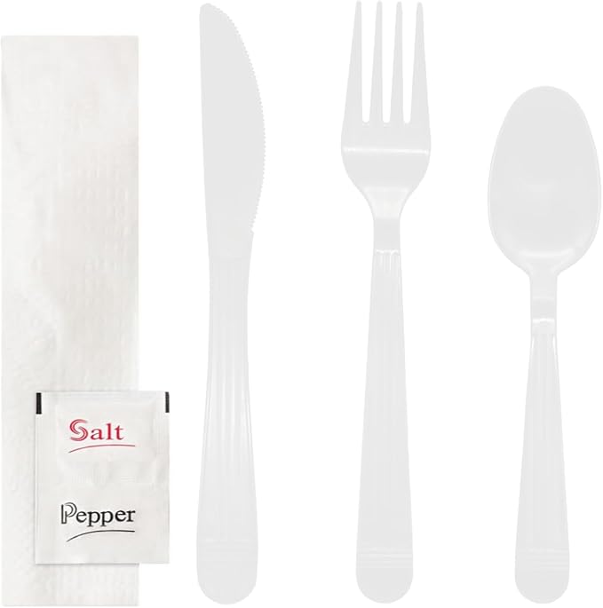 Party Essentials Individually Wrapped Plastic Cutlery Packets/Heavy Duty Silverware Kits, Fork/Spoon/Knife/Napkin/Salt/Pepper, 50 Utensils Sets, White
