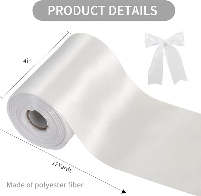 TONIFUL 4 Inch Wide White Solid Satin Ribbon 22yd Fabric Large Ribbon for Cutting Ceremony Grand Opening Sashes Table Car Bows Floral Sewing Craft Gift Wrapping Wedding Party Decoration Halloween