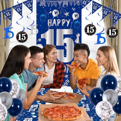 Blue 15th Birthday Decorations for Boys Girls, 15 Year Old Party Supplies