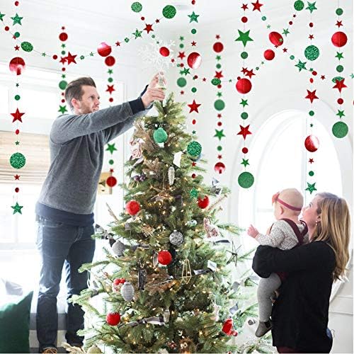 Red and Green Party Decoration Red and Green Star Circle Dot Hanging Garland Streamer Decorations Glitter Star Bunting Banner Twinkle Backdrop for Christmas Engagement Wedding Baby Shower Birthday