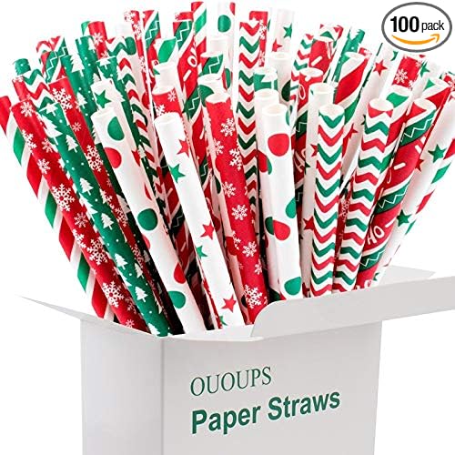 Biodegradable Paper Straws - 100-Pack, 7.75 Inches, Stripe, Red, Green, Dot, Bulk, Snow, Christmas & Thanksgiving