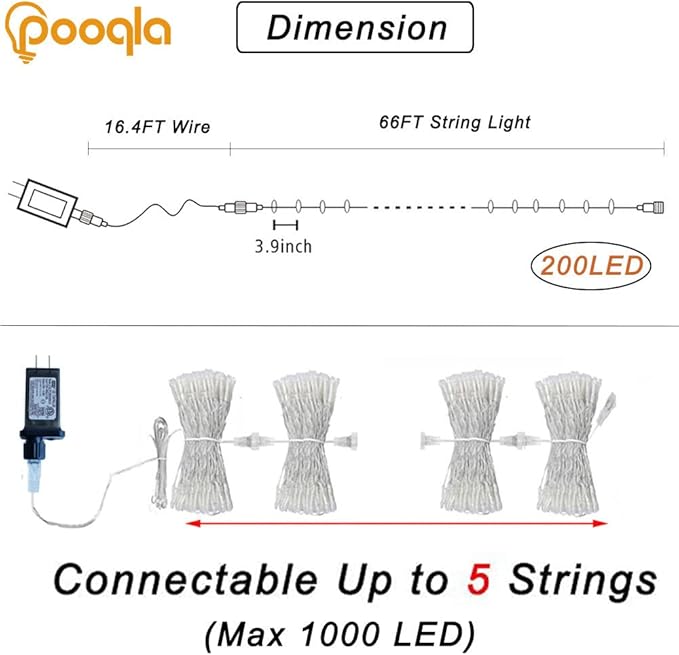 Pooqla Christmas Colorful String Lights, 200 LED Clear Wire Indoor and Outdoor Lights