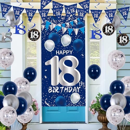 18th Birthday Decorations for Boys, Blue Silver 18 Year Old Party Decor