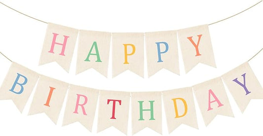 Doumeny Happy Birthday Burlap Banner Boho Birthday Bunting Garland Pastel Bohemian Sign Party Banner White Hanging Garland Rainbow Birthday Bunting Falg for Home Mantel Fireplace Nursery Backdrop