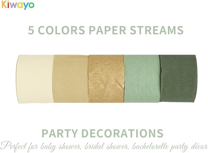 Birthday Baby Shower Decorations, Sage Green Gold Crepe Paper Streamers Party Decorations(5 Rolls) for Camp Bachelorette, Bridal Shower,Engagement Woodland Safari Boho Party Decor Women Adults