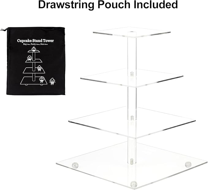 AMEITECH Cupcake Stand with Base, 4-Tier Square Acrylic Cupcake Display Stand Dessert Tower Pastry Stand Premium Cupcake Holder for Wedding Birthday Theme Party - Transparent