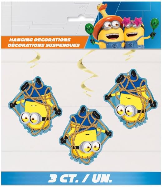 Unique Despicable Me Birthday Party Supplies Bundle Pack includes 1 Happy Birthday Banner, 6 Hanging Swirl Decorations, 1 Dinosaur Sticker Sheet