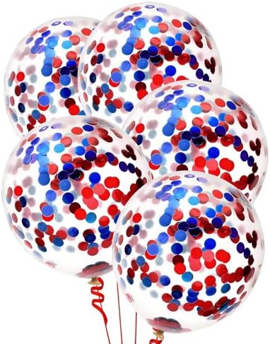 VHUWE Red Blue Confetti Balloons 25 Pcs, 12 Inch Thickened Clear Latex Balloon with Confetti Inside for Birthday Party Baby Shower Graduation Anniversary Engagement Decorations Supplies