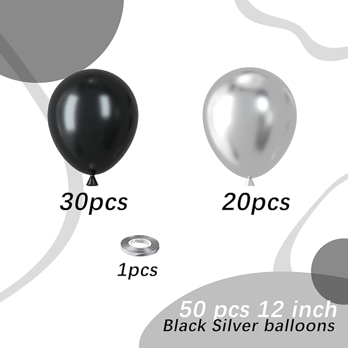 Black and Silver Latex Balloons, 50pcs 12 Inches Silver and Black Balloons with 1 Ribbon for Graduation, Wedding, Birthday Party Decorations