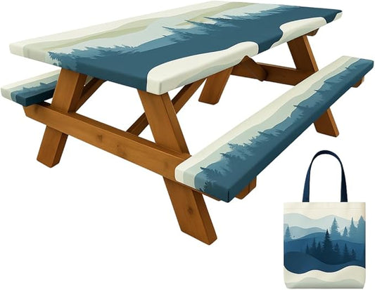 RNOONY 6ft Polyester Picnic Table Cover with Bench Covers Windproof & Waterproof Tablecloth, Perfect for Camping Gifts & RV Essentials, Cool Camping Gadgets, with Carrying Bag, 72x30 Inches, 4Pcs,Blue