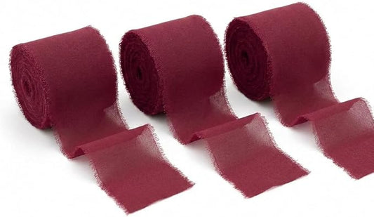 Handmade Chiffon Ribbon 1.5 Inch Wide, 3 Rolls 21 Yards, Burgundy Frayed Edge Fabric Ribbon for Formal Wedding Decor, Floral Accents & Elegant Gift Wrapping(Burgundy)