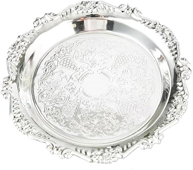 Round Decorative Tray 7.9in Metal Dessert Plates Vintage Coffee Table Tray for Snacks Fruit Silver