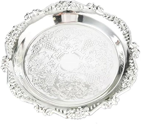 Round Decorative Tray 7.9in Metal Dessert Plates Vintage Coffee Table Tray for Snacks Fruit Silver