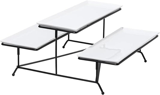 Kanwone 2 Tier Serving Stand With White Porcelain Platters, 14.5" x 6" Tiered Tray for Entertaining Party, Dessert Stand With Black Metal Base