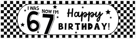 Andaz Press 13x48 Inch 6 7 Birthday Banner Decorations, I Was 6 Now I'm 7 Birthday Banner Black and White Checkered 67 Happy Birthday Party Banner for Boys or Girls, Home or Party Decor Backdrop Sign