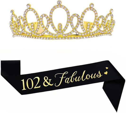 Mayin Happy 102nd Birthday Tiara and Sash Gifts Crystal Rhinestone Princess Crown Birthday Women Party Favor Supplies Gold Crowns Black Sash