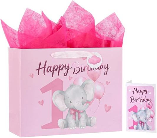 Powbrace 13" Pink Happy Birthday Gift Bag with Tissue Paper and Greeting Card for Party,Happy Birthday Gift Bag for Girls Babies,Gift Bags Medium size(1 PCS Pink Cartoon)