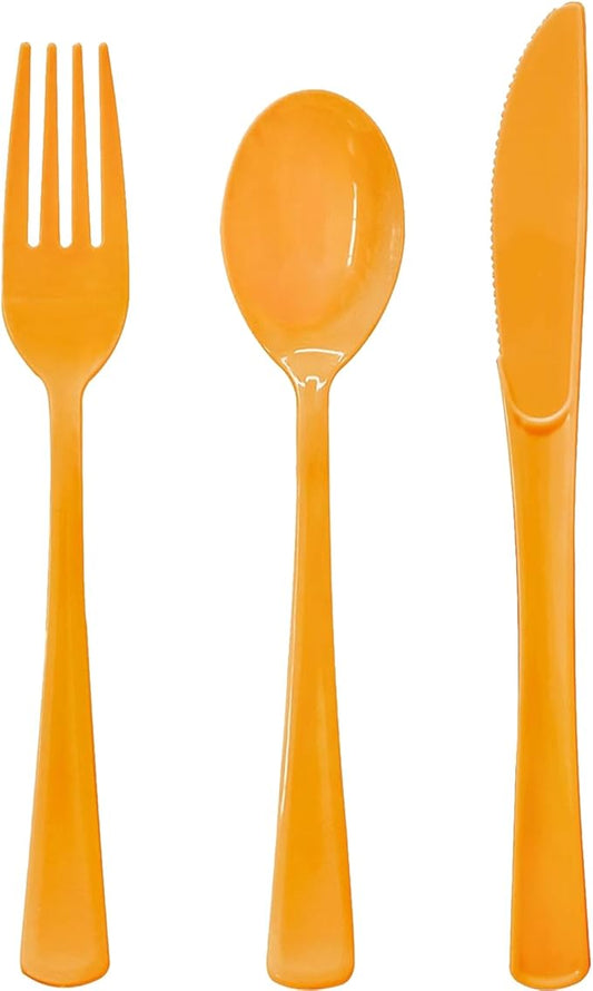 150 Pcs Orange Plastic Silverware, Orange Plastic Cutlery Disposable Includes 50 Forks, 50 Spoons, 50 Knives for Baby Shower, Birthday, Party, Holiday