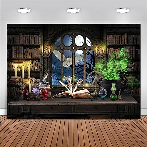 Mocsicka Wizard Magic Bookshelf Backdrop Witch Cauldron Halloween Party Decoration Magic Theme Birthday Party Banner Photo Studio Props (Brown, 10x7ft(120''x82''))