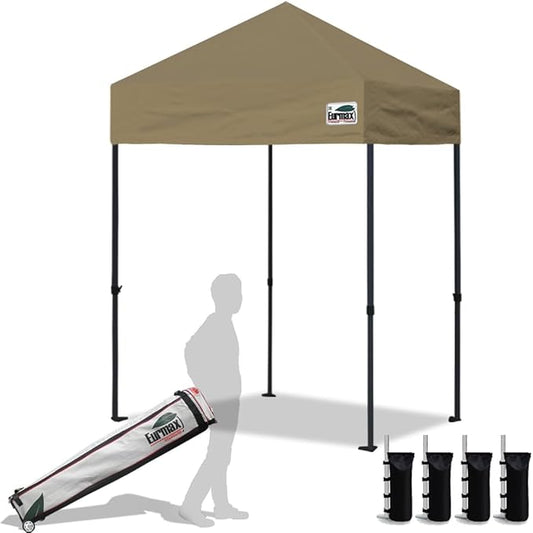 Eurmax USA 5x5ft Pop Up Canopy, Commercial Instant Tent for Outdoor Events, Patented No-Tip Rolling Storage Bag with 4 Sandbags, UV & Water Resistant, Heavy Duty Portable Shelter Gazebo,Khaki