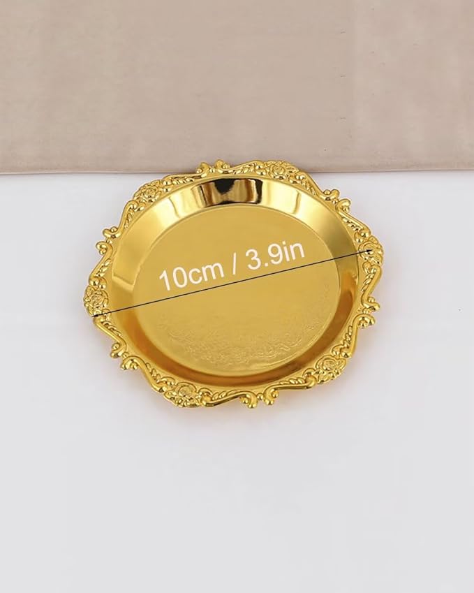 Round Decorative Tray 3.9in Metal Dessert Plates Vintage Coffee Table Tray for Snacks Fruit Gold