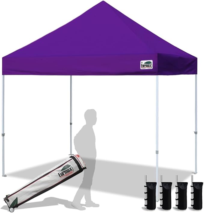 Eurmax USA 8x8ft Pop Up Canopy, Commercial Instant Tent for Outdoor Events, Patented No-Tip Rolling Storage Bag with 4 Sandbags, UV & Water Resistant, Heavy Duty Portable Shelter Gazebo,Purple