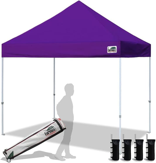 Eurmax USA 8x8ft Pop Up Canopy, Commercial Instant Tent for Outdoor Events, Patented No-Tip Rolling Storage Bag with 4 Sandbags, UV & Water Resistant, Heavy Duty Portable Shelter Gazebo,Purple