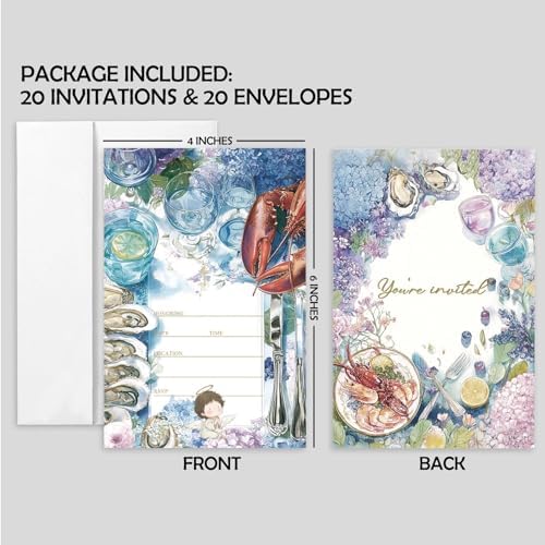 AEHIE 20 Sets Coastal Beach Seafood Boil Party Invitations With Envelopes, Coastal Ocean Floral Party Invitations Invite Cards for Women Men Ladies Girls Adults