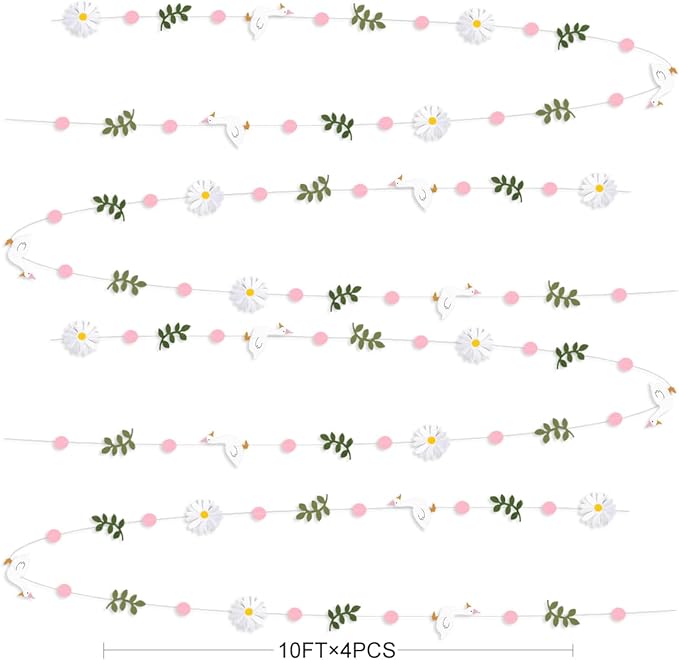 Pink Silly Goose 3D Daisy Flower Leaf Polka Dot Hanging Streamer Garland Banner for One Silly Goose Theme Birthday Baby Shower Wedding Bridal Shower Spring Summer Party Decorations Supplies