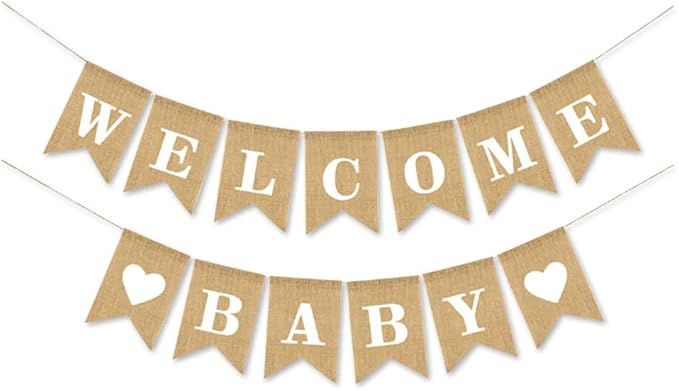 Gold Baby Shower Decorations Set for Girl or Boy Kit, Rustic Welcome Baby Banner in Burlap, 2 Gold Metallic Curtains, Balloons and Table Banner