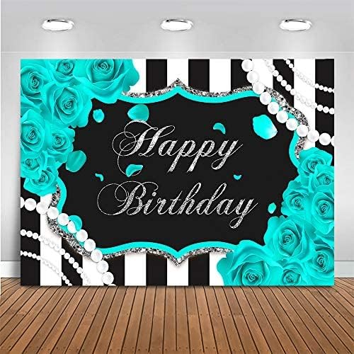 Mocsicka Silver Turquoise Floral Birthday Backdrop for Girl 7x5ft Black and White Stripes Teal Background Quinceanera 15th Birthday Party Decoration (8x6ft(96x72 inch))