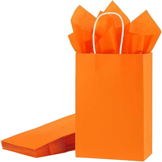 SUNCOLOR Orange Gift Bags with Tissue Paper, 24 Pack Small Kraft Paper Party Favor Bags, 7.9 x 5.12 x 3.15 Inches with Handles for Halloween, Fall Parties, Birthdays