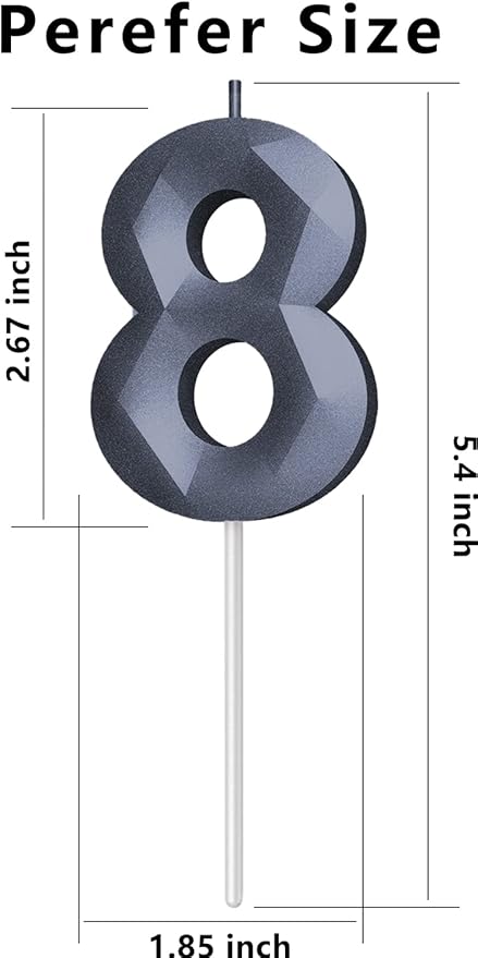 Number Birthday Candles(8 Candle Black) 3D Diamond Shape 8th Happy Birthday Cake Topper Decorations for Boy Men Birthday Wedding Anniversary Celebration Theme Party Supplies