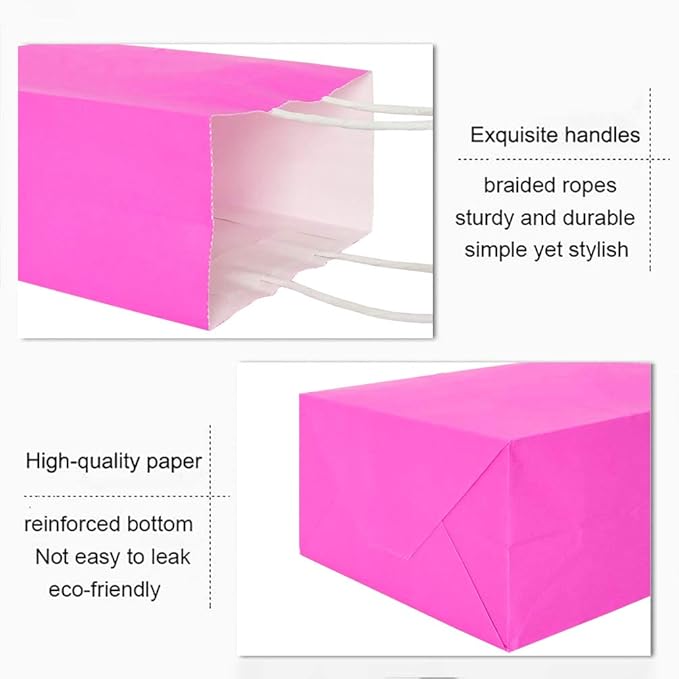 25 PCS Small Gift Bags Hot Pink Kraft Paper Bags with Handles for Party Favors (8.2 x 6 x 3.1 In)