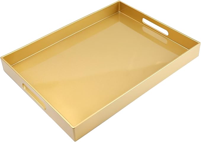 Spsyrine Gold Plastic Serving Tray for Ottoman, Coffee Table, Rectangle Decorative Tray for Entertaining, Outdoor, Living Room, Home Decor