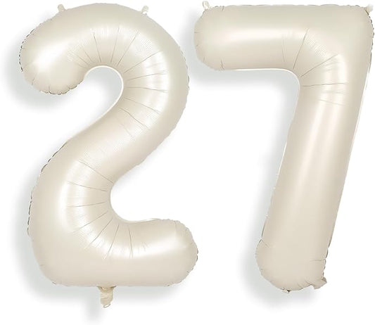 SUWEN 40 Inch Large Cream White 27 Balloon Numbers Big Foil Helium Number Balloons 0-9 Jumbo Happy 27th Mylar Birthday Party Decorations for Women or Men 72 Anniversary Party Supplies