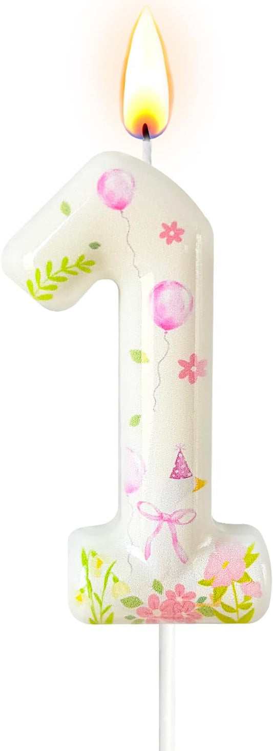 Number 1 Birthday Candle for Cake – Goose Inspired Design with Floral, Balloon & Leaf Details – Farm Theme Cake Topper for Birthday Party Decoration